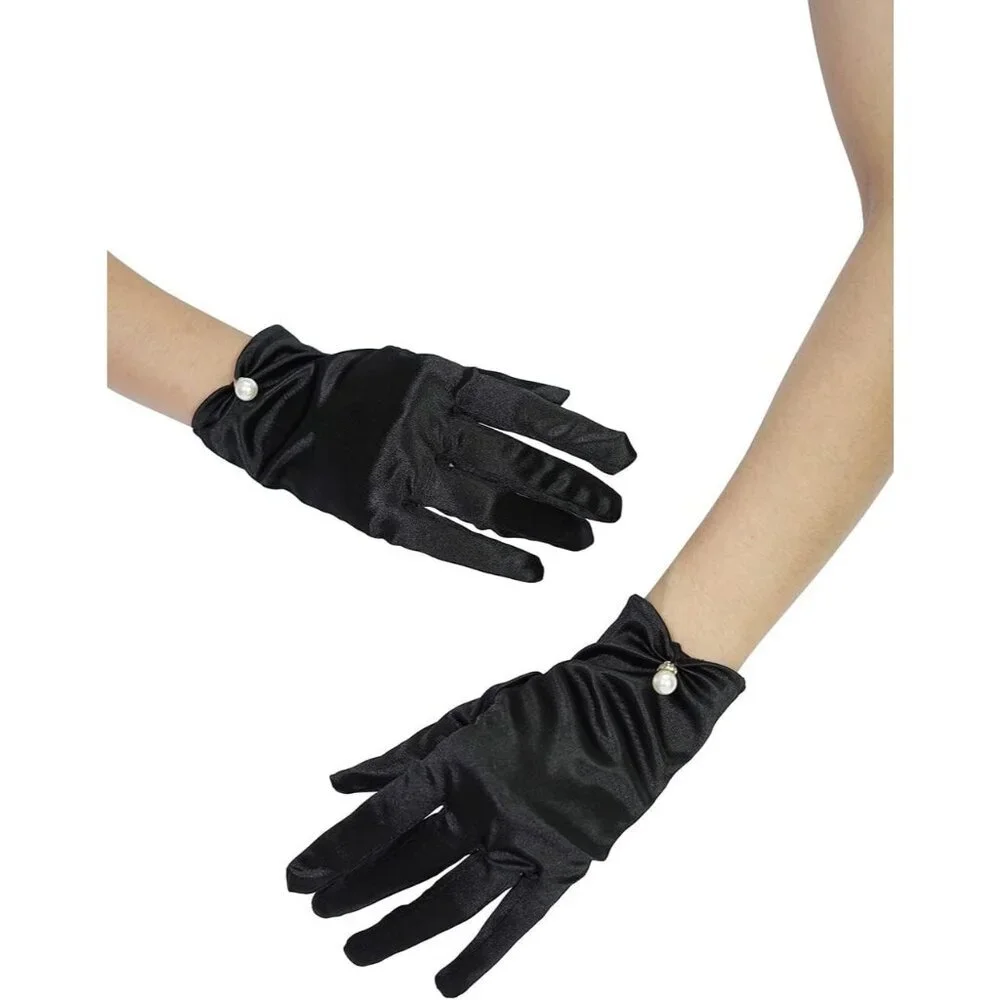 Women's Evening Black-Satin Tulle Short Lace Gloves Wrist Wedding Bridal Party